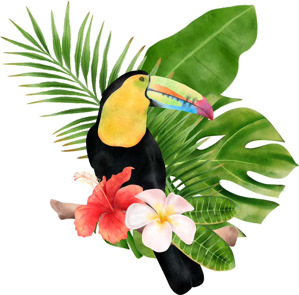 Watercolor Tropical Bouquet with Toucan Bird 